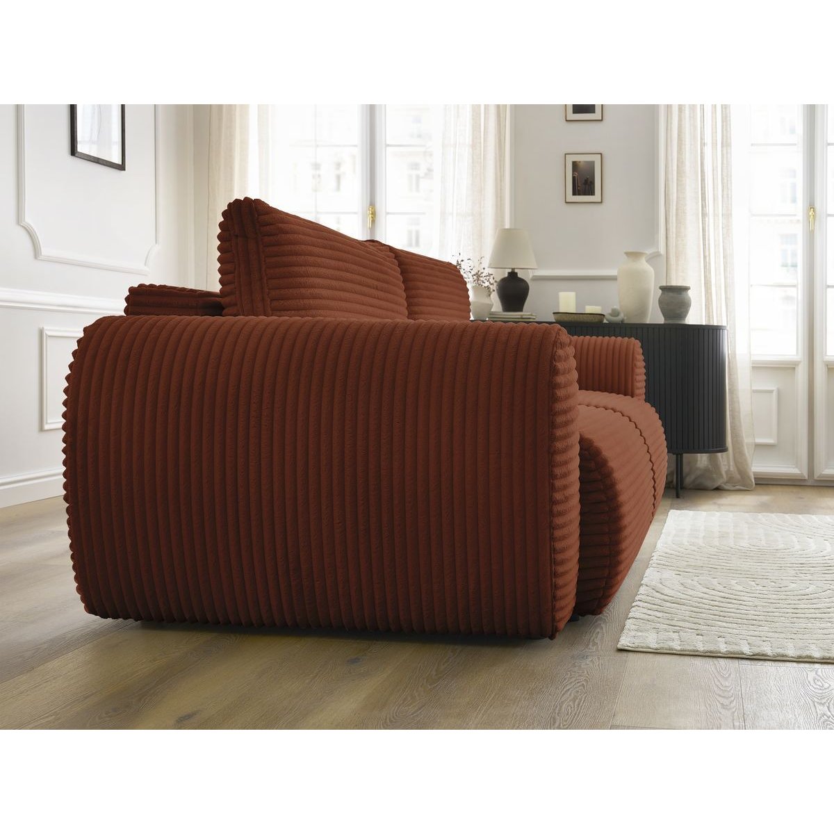 Canapé droit convertible 3 places en gros côtelé doux, LUCIEN orange, BOBOCHIC