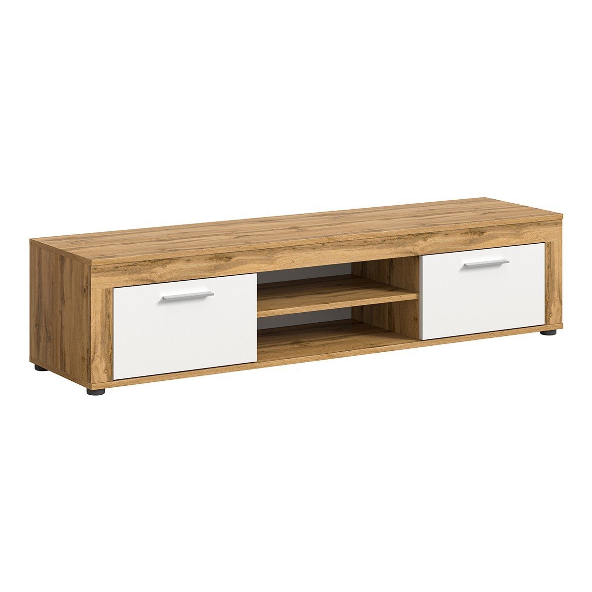 Meuble TV 2 portes abattantes et 2 niches blanc et chêne wotan L160 cm - AOSTA blanc, CALICOSY