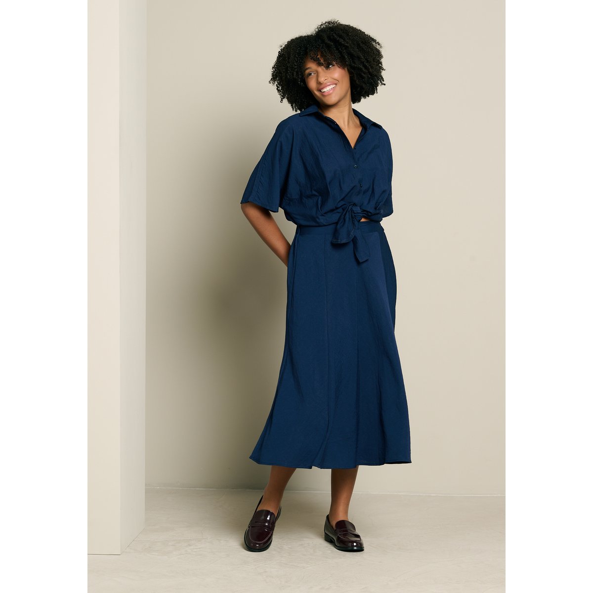 Chemise nouée manches courtes bleu marine, LOLALIZA