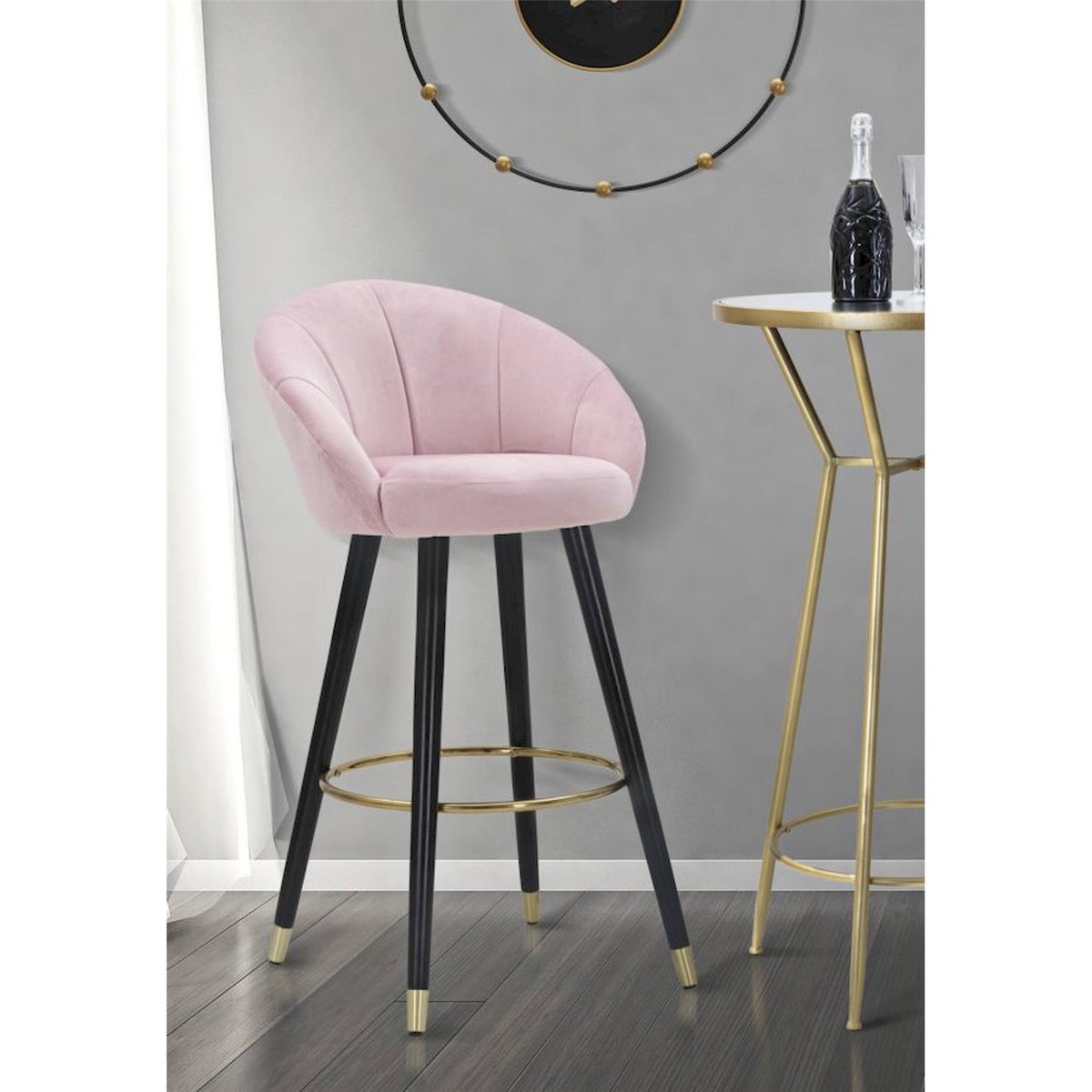 Tabouret de bar capitonné pieds en fer GLAM rose, noir et doré, RECOLLECTION