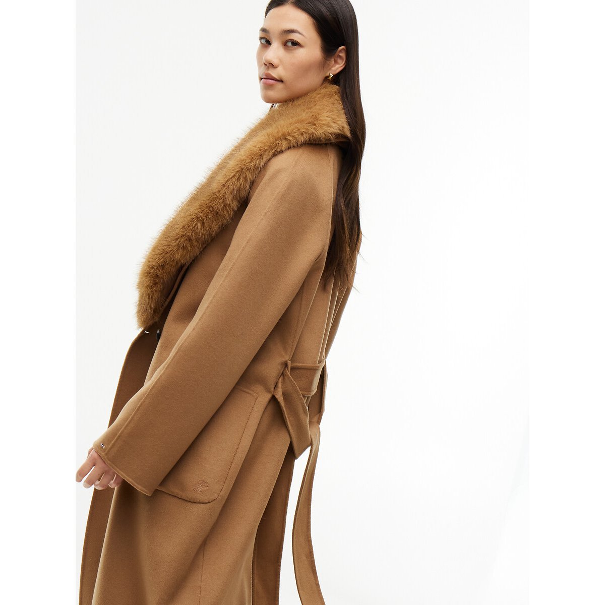 Manteau long ceinturé à col duveteux amovible marron, TOMMY HILFIGER