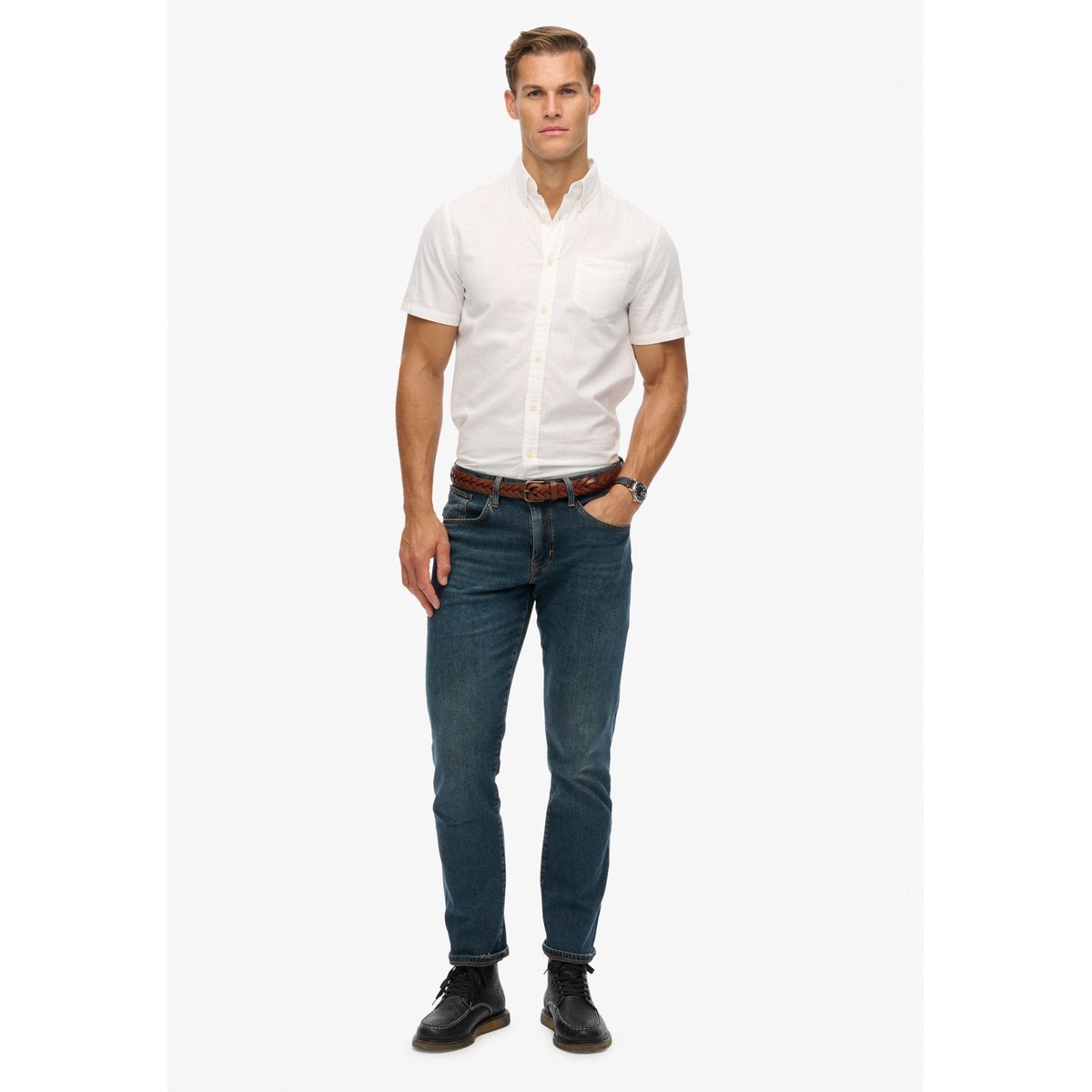 Chemise à manches courtes en coton et lin City blanc optic, SUPERDRY