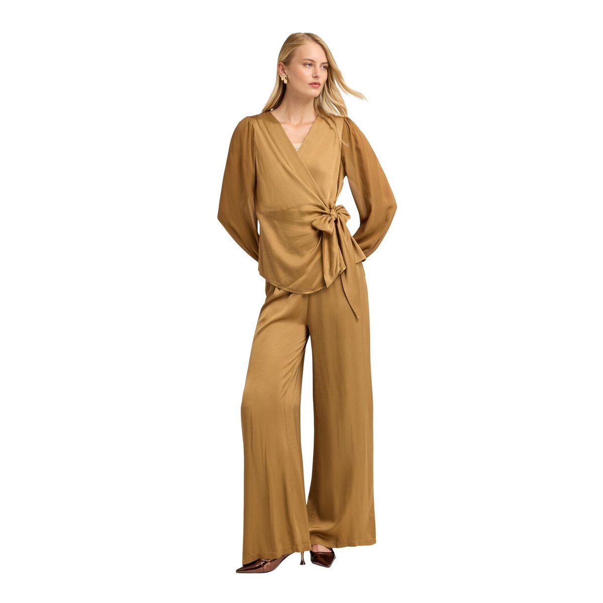 Blouse avec encolure en V et nœud beige, MOTIVI