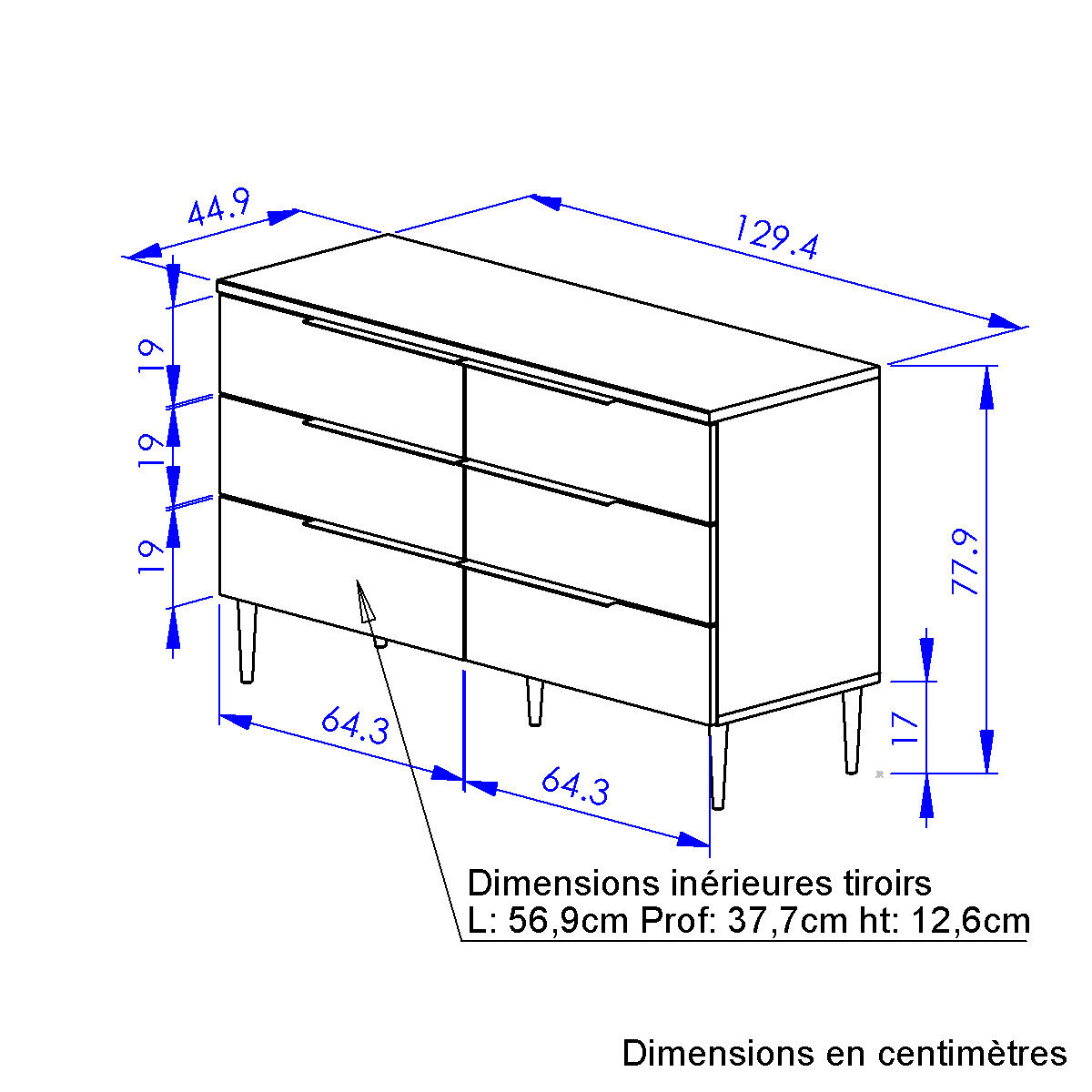Commode 6 tiroirs finition mat en beige, GAMI
