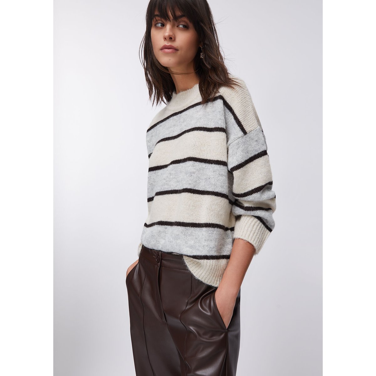 Pull à rayures en laine et alpaga gris et beige, LIU JO