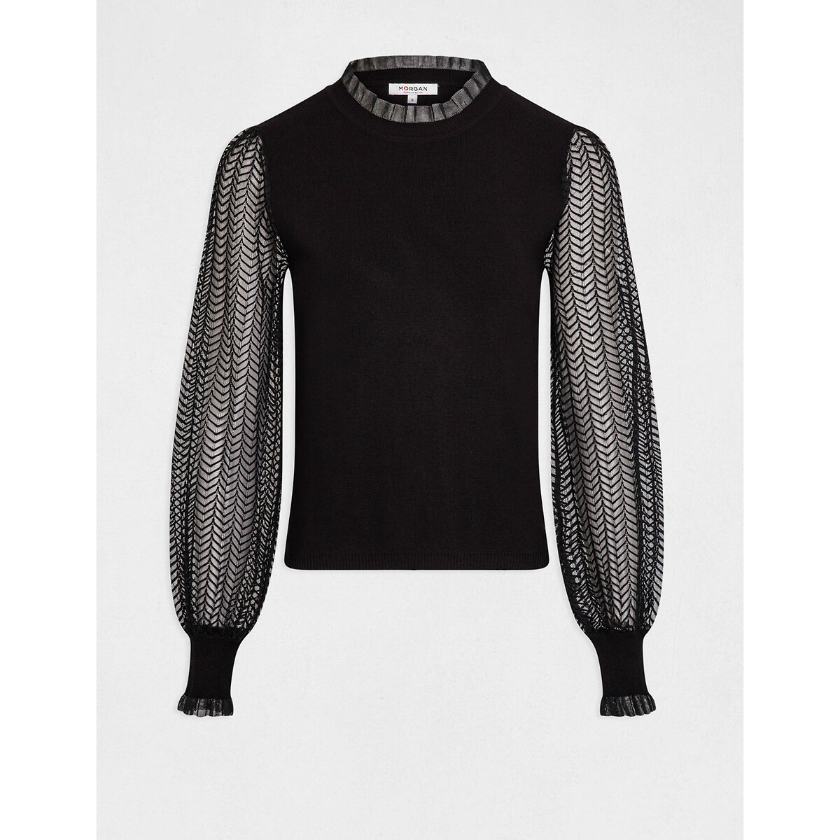 Pull col montant en fine maille noir, MORGAN