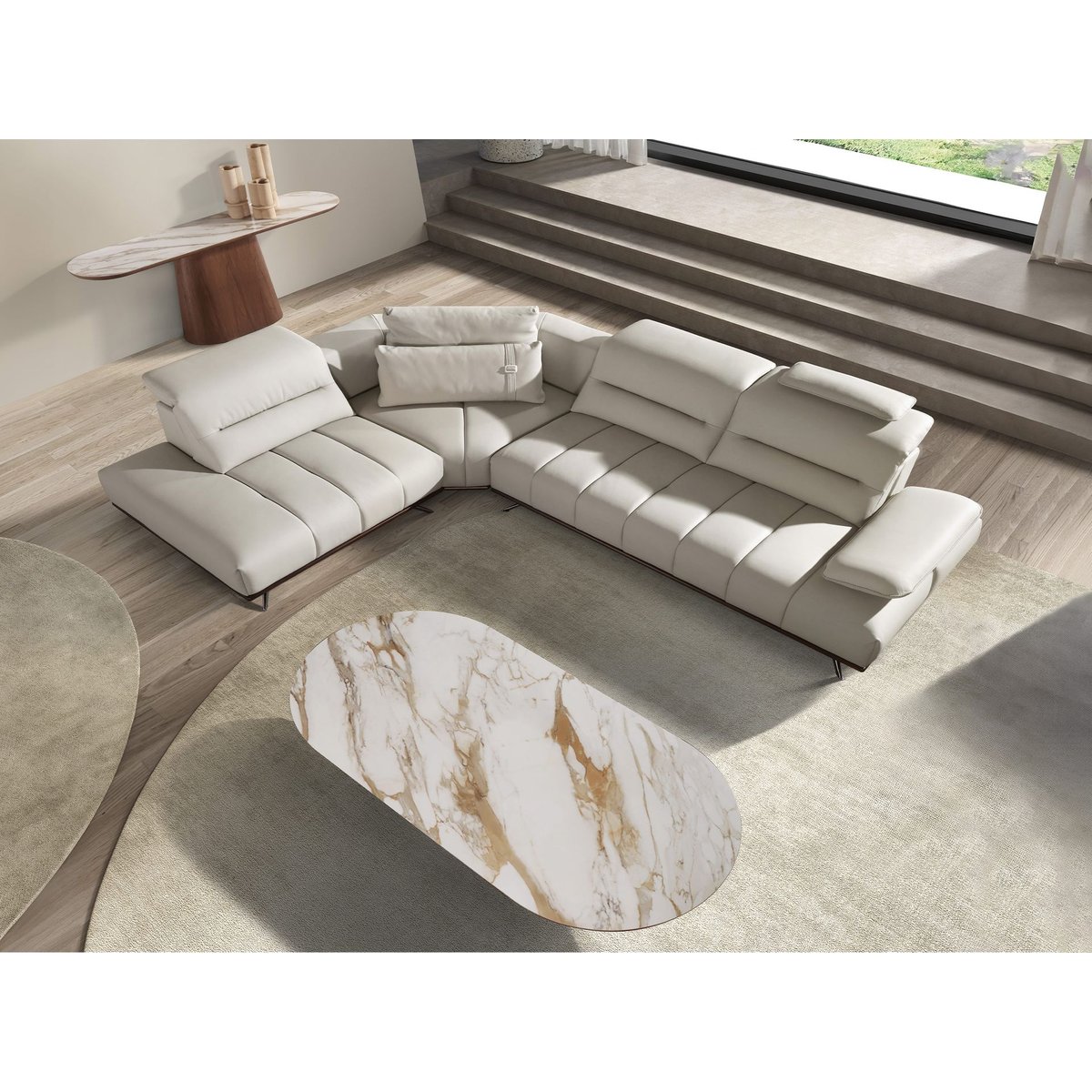 Canapé d'angle en cuir gris clair | acier foncé, ANGEL CERDA