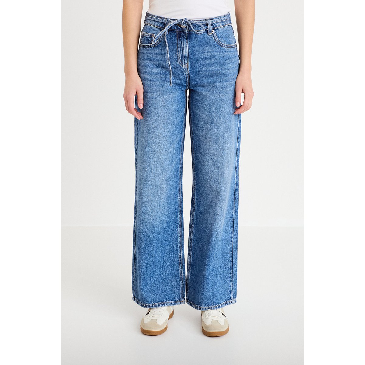 Jean wide leg ceinture taille standard denim double stone, CACHE CACHE