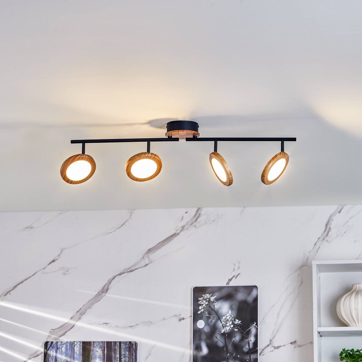 Plafonnier en métal traditionnelleLED, Manel bois clair, noir, blanc, LINDBY