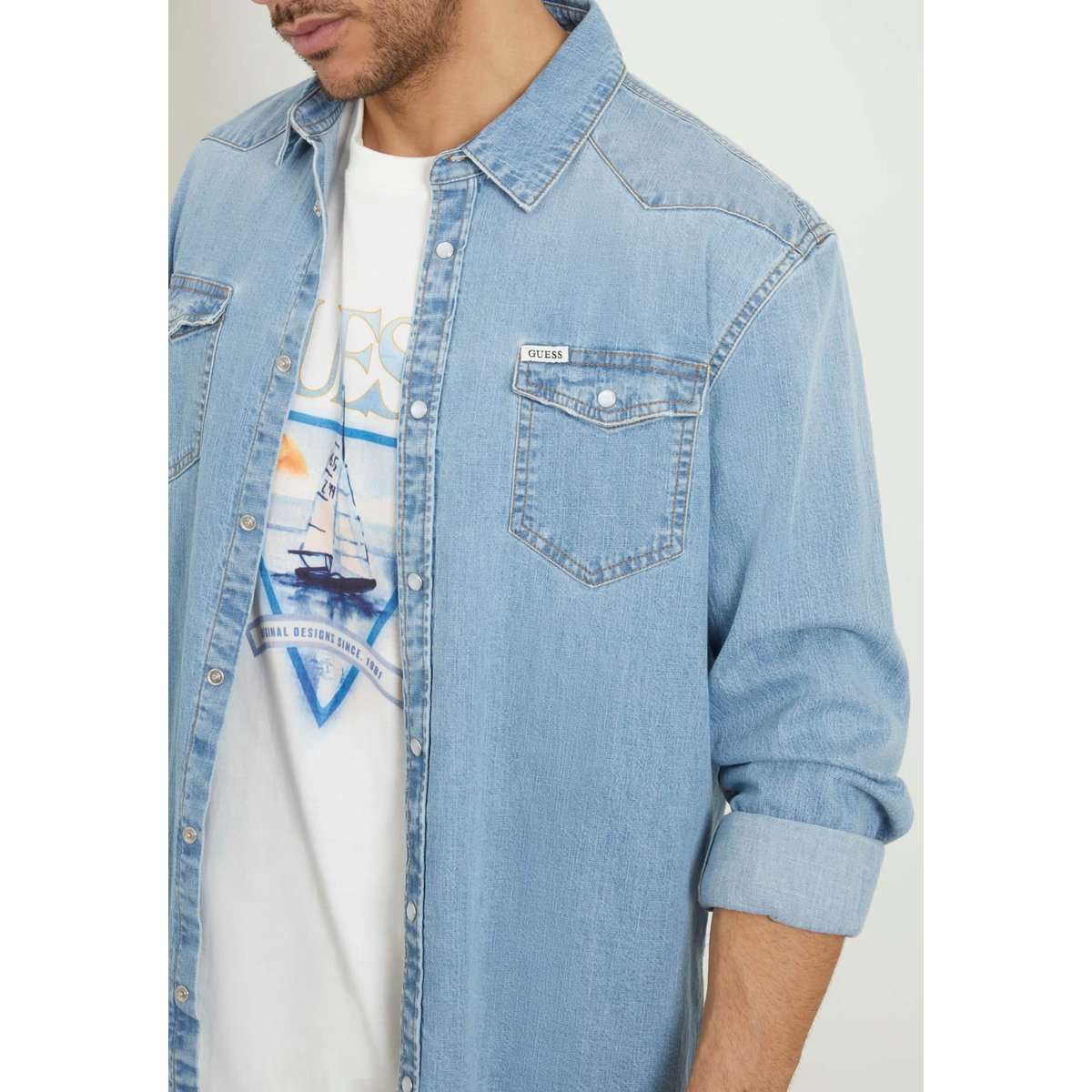 Chemise En Jean Coupe Slim bleu ciel, GUESS