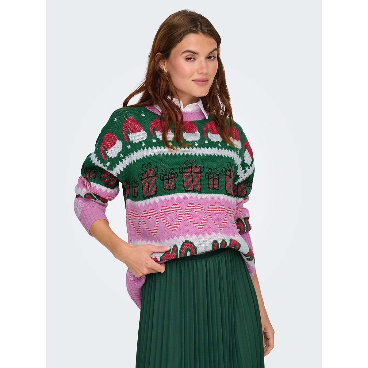 Chunky Knit Jumper with Crew Neck green/pink, ONLY