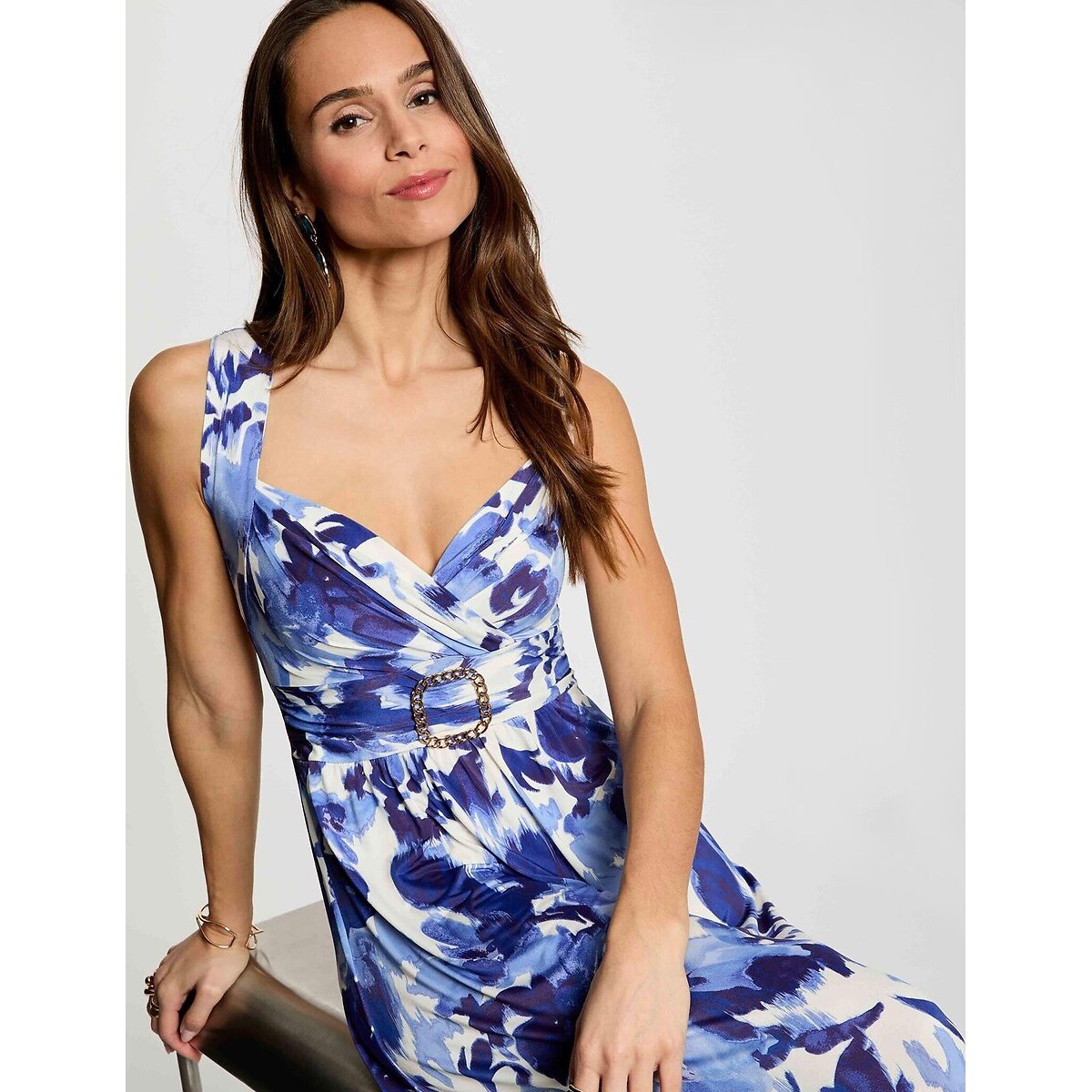 Robe longue imprimée col v imprimé bleu, MORGAN