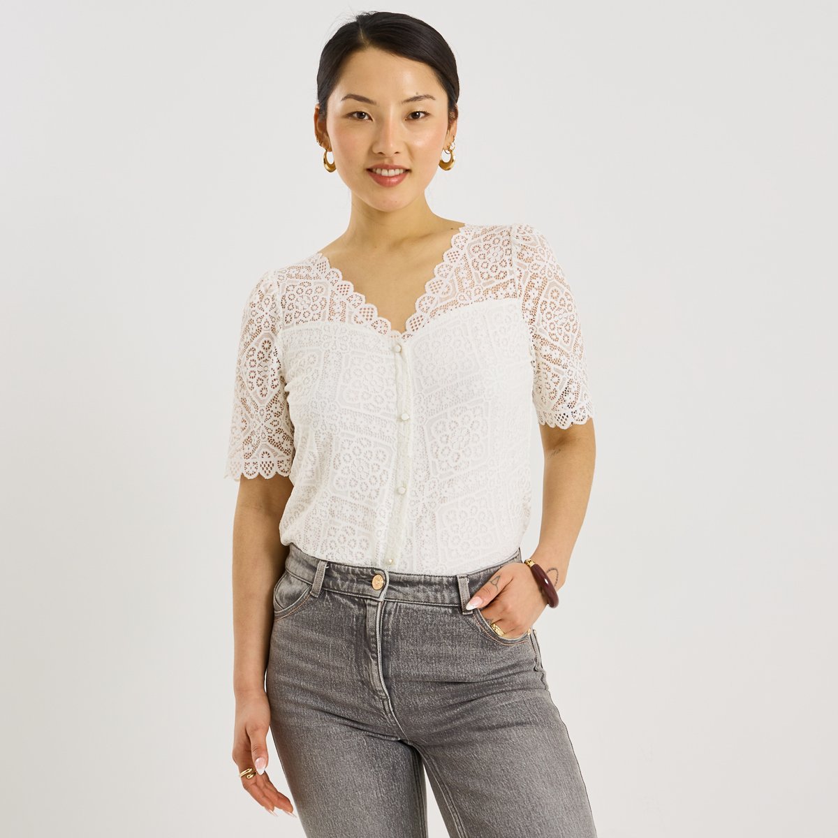Blouse ajourée col V blanc cassé blanc, GRAIN DE MALICE
