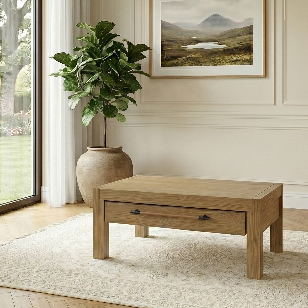 Table basse contemporaine en bois massif, 2 tiroirs MEGÈVE marron, ROBIN DES BOIS