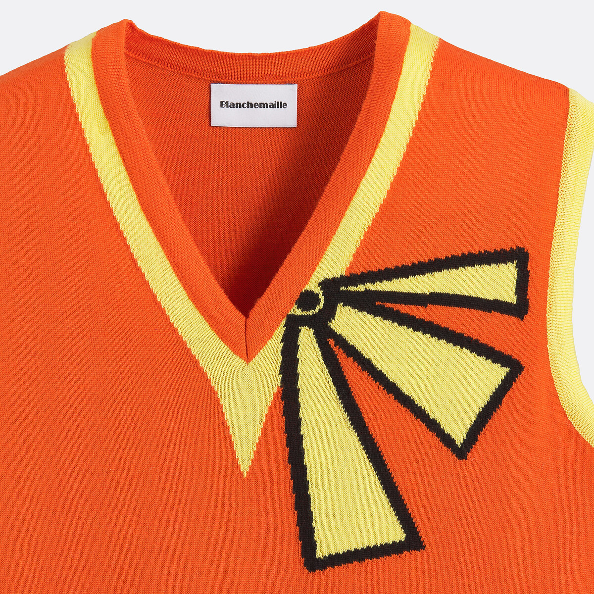 Graphic Merino Wool Sleeveless V-Neck Mid-Length Shift Dress orange, BLANCHEMAILLE