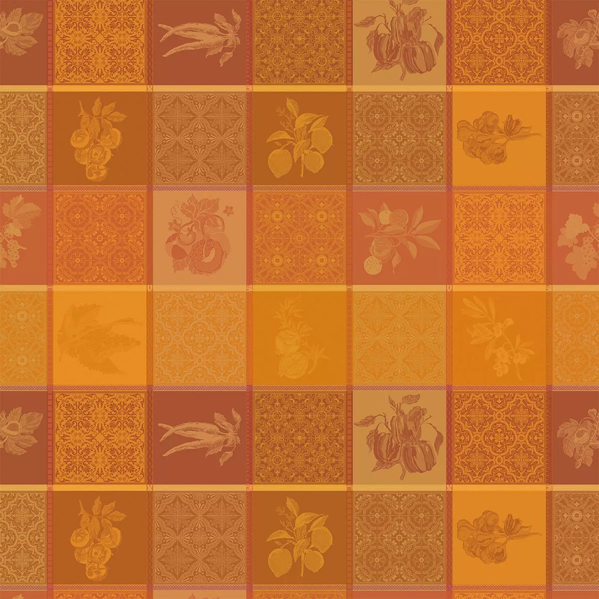 Nappe pur coton enduit MILLE TUTTI FRUTTI ocre, GARNIER THIEBAUT