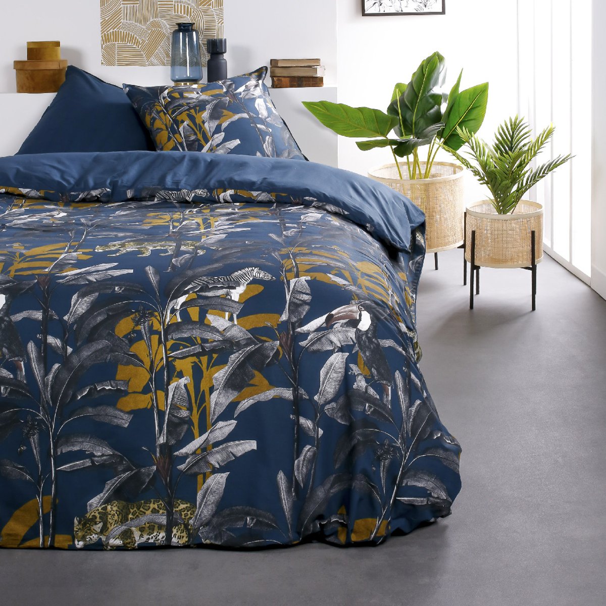 Parure de lit coton 2 personnes imprimé jungle SUNSHINE bleu, TODAY