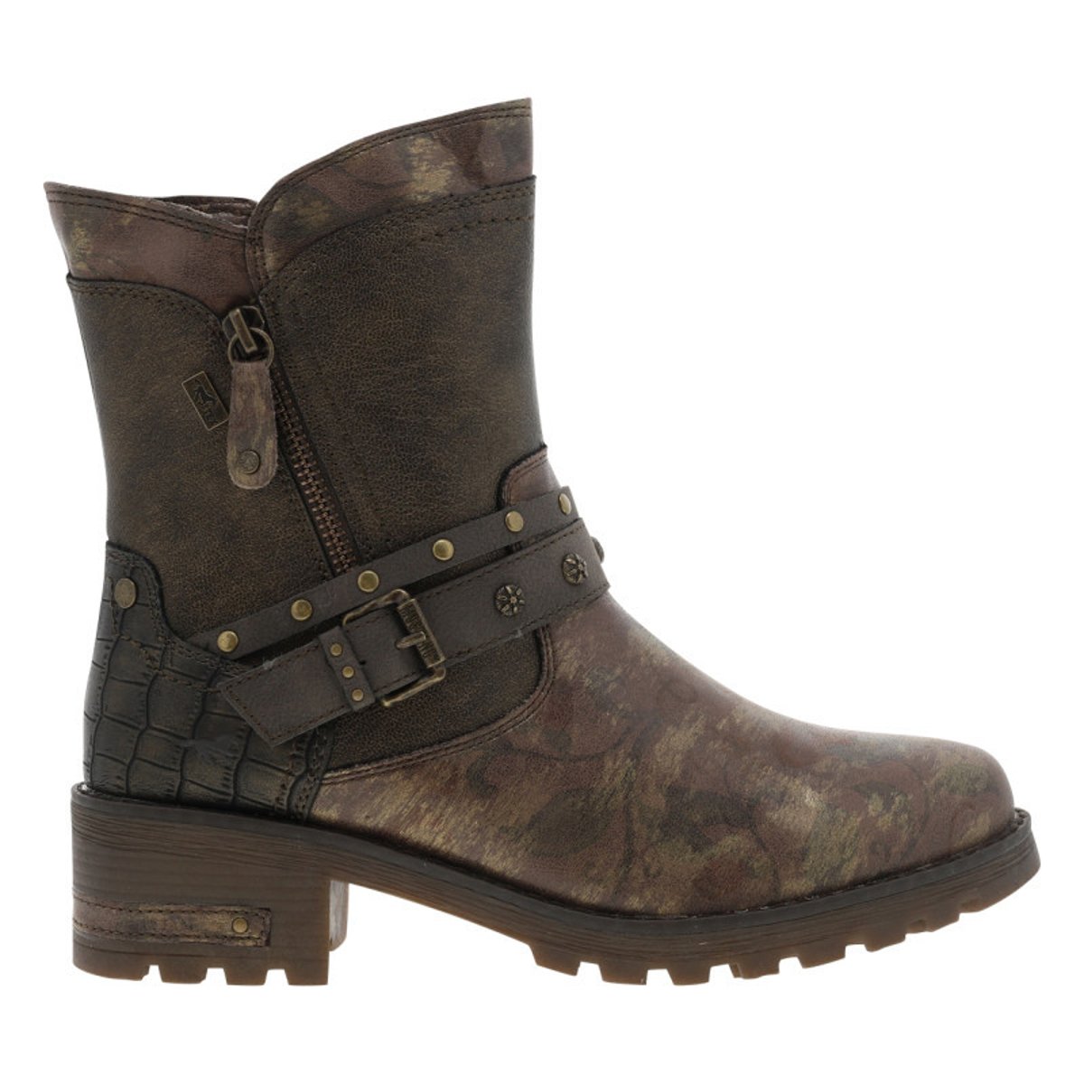 Boots bronze à talon décroché moyen avec des motifs floraux sur l'empeigne bronze, MUSTANG