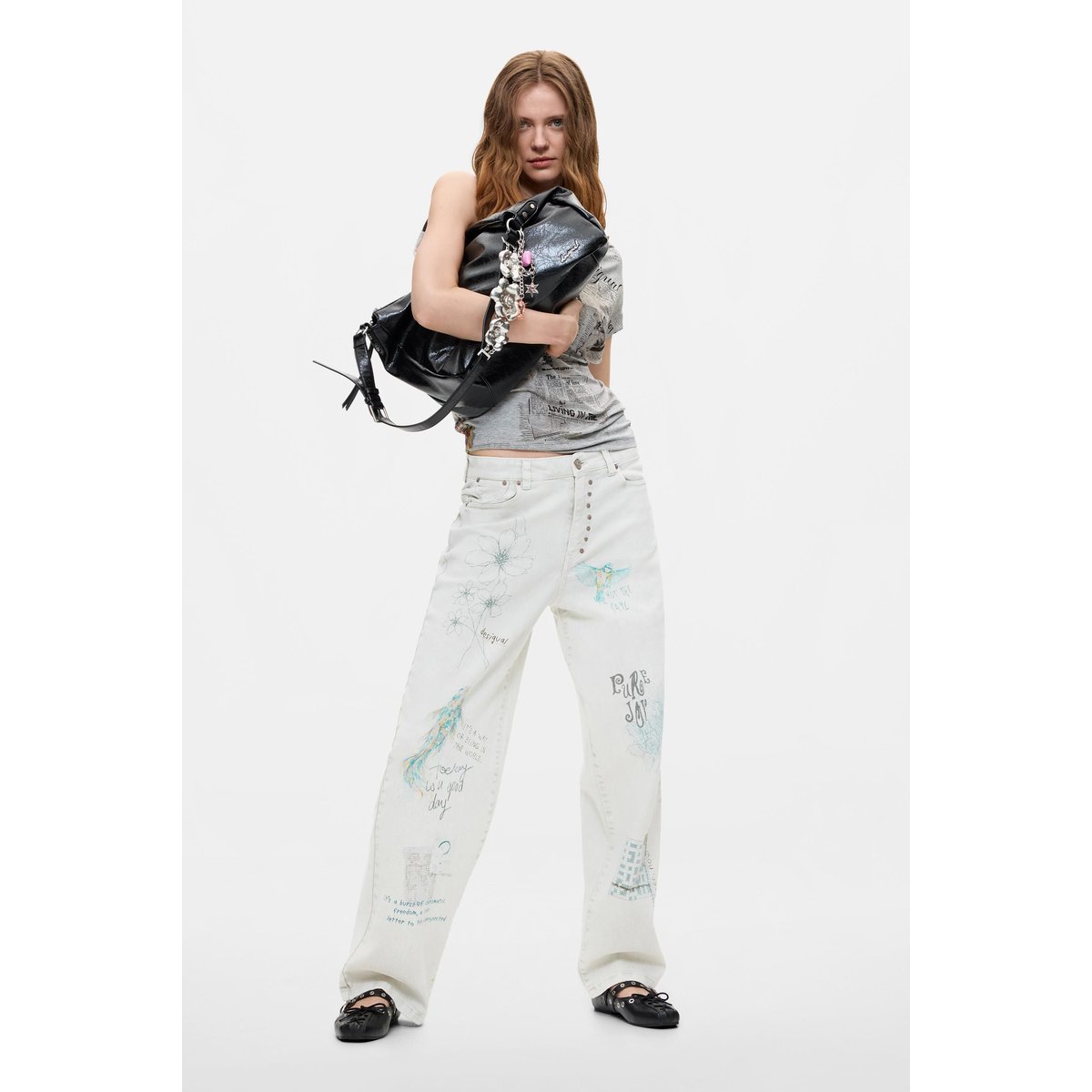 Pantalon en jean ballon imprimé beige, DESIGUAL