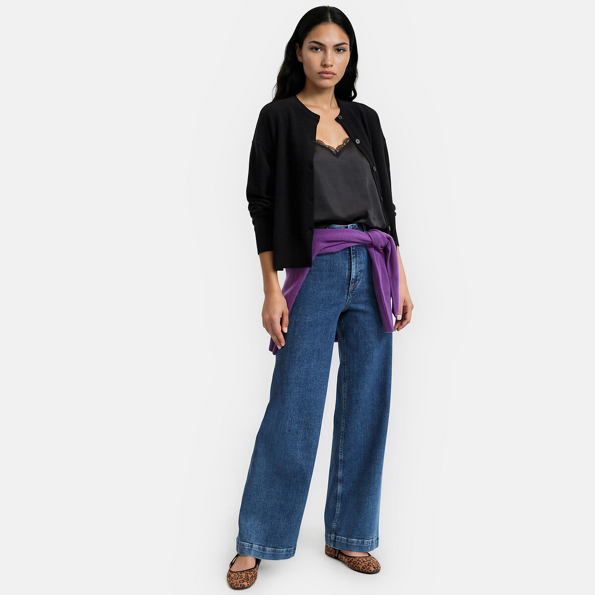 Cardigan en fine maille cachemire col rond noir, LA REDOUTE COLLECTIONS