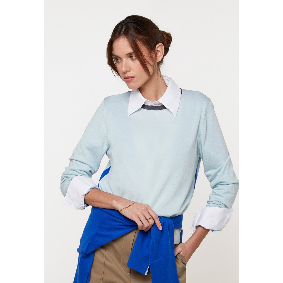 Pull col rond tricolore en laine mérinos turquoise clair, RODIER