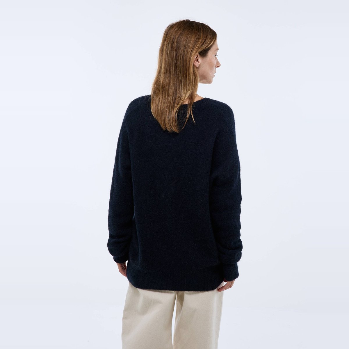 Pull col V uni contenant de l'alpaga marine, MONOPRIX