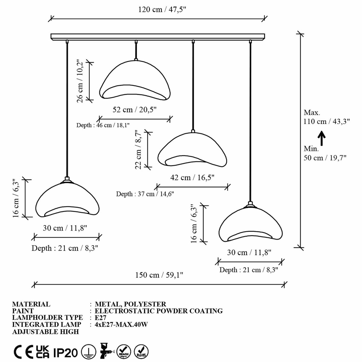 Suspension 4 lampes ajustables L150 cm NOXIS blanc, PIER IMPORT