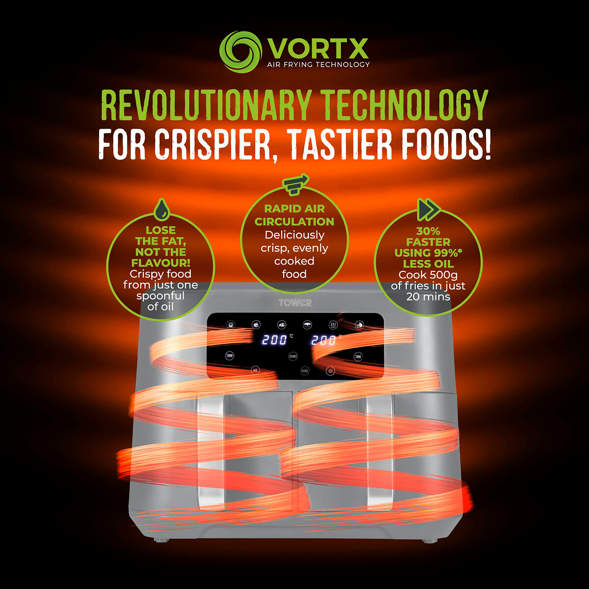 Vortx 8.5L Dual Basket Air Fryer with Chrome Trim- T17137 grey, TOWER