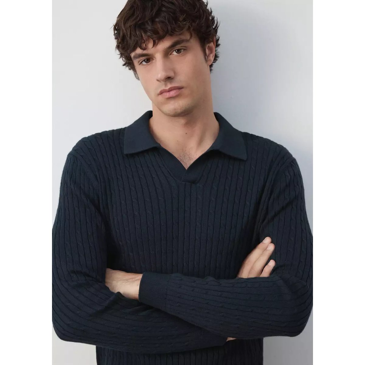 Pull polo mélange coton lyocell maille torsadée bleu marine, MANGO MAN