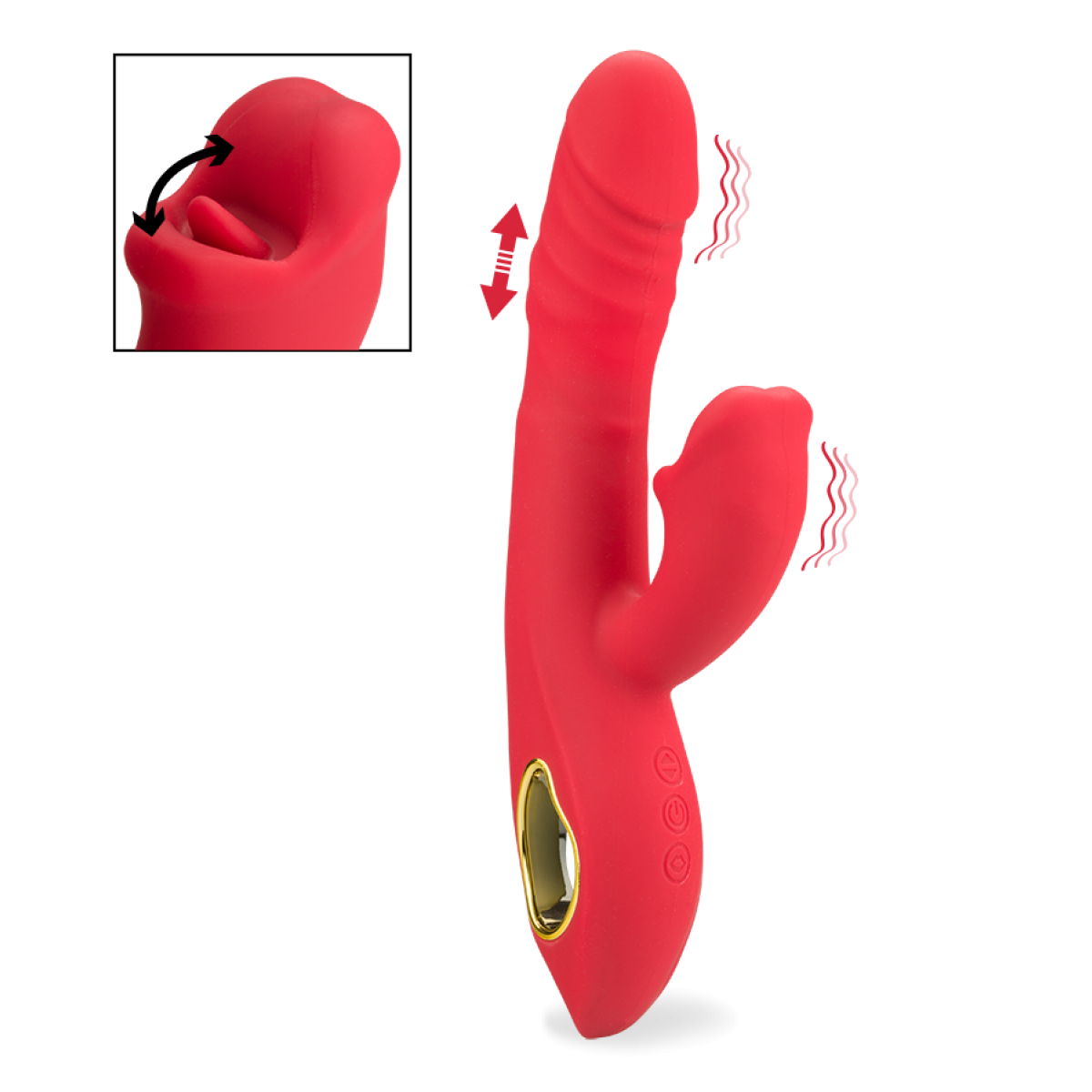 Vibromasseur puissant rabbit va-et-vient et langue Pleasure Rush rouge, LOVE AND VIBES