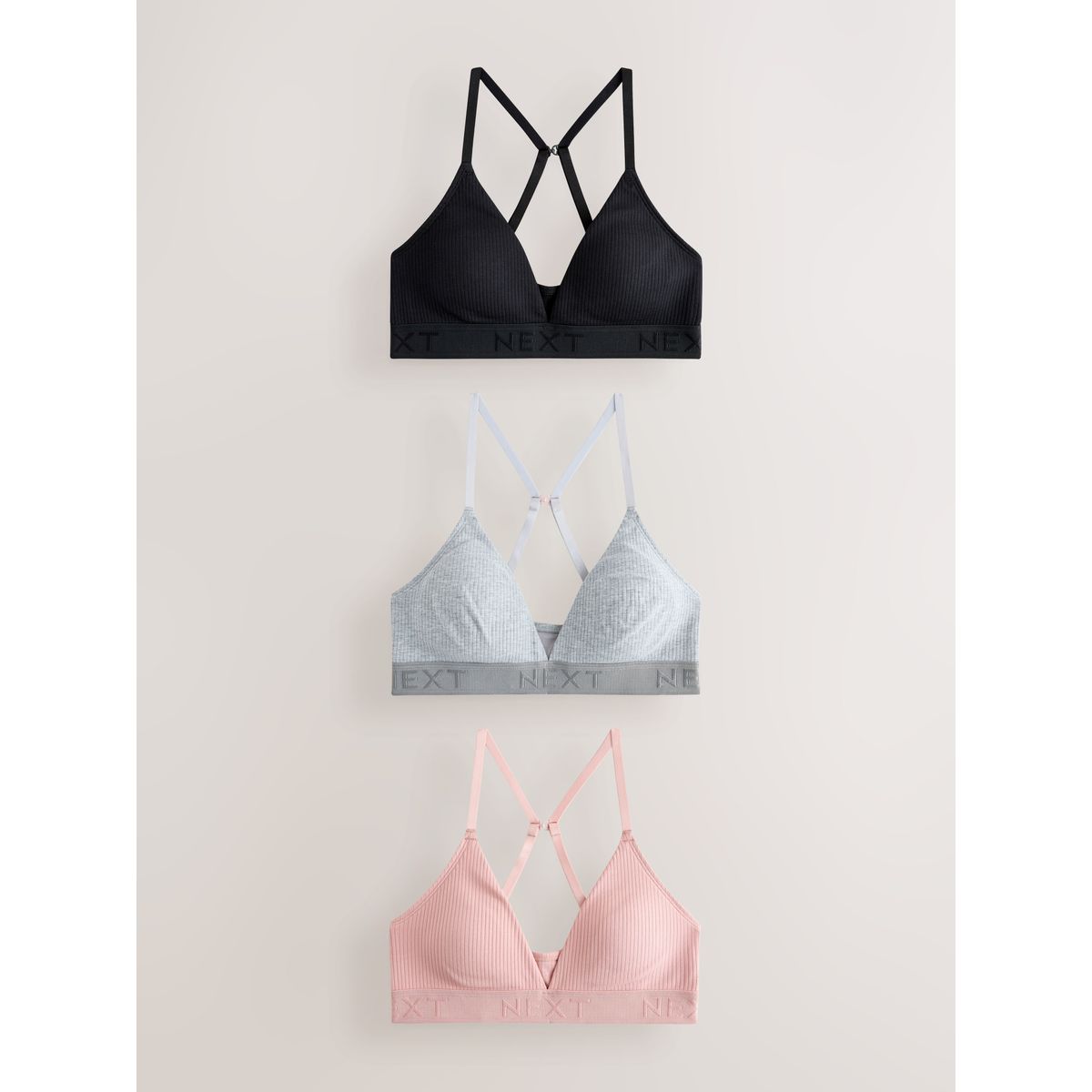 Brassière côtelée en coton à logo, lot de 3 noir/gris/rose, NEXT