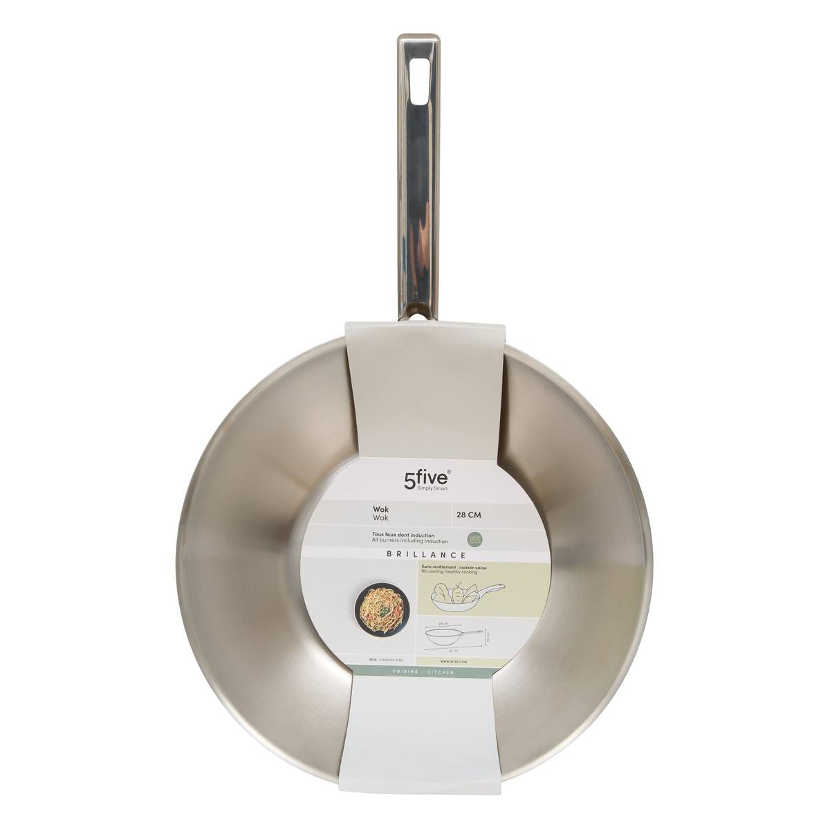 Wok 28cm en inox sans revêtement BRILLANCE argent, 5FIVE SIMPLY SMART