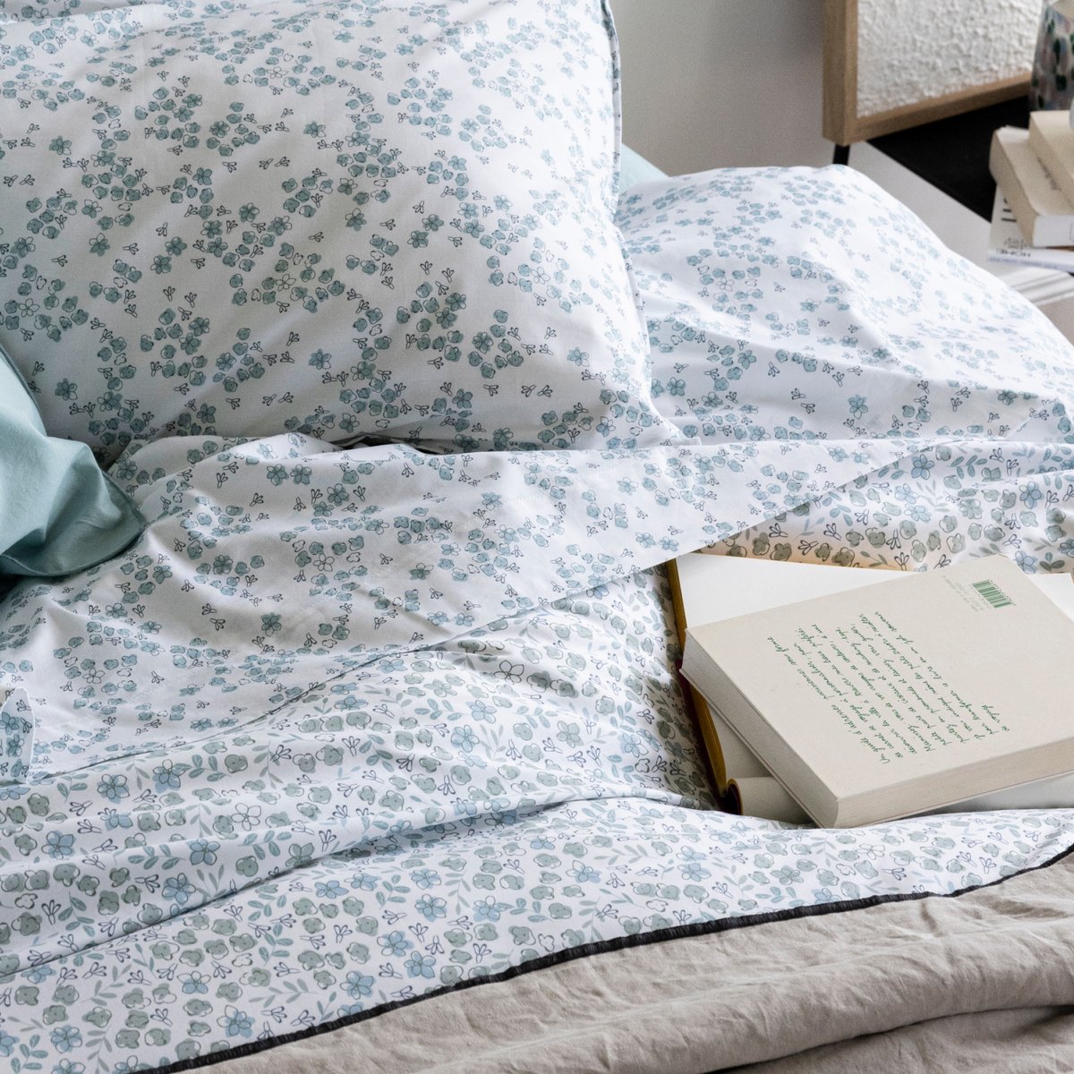Drap plat en percale de coton, AQUARELLE céladon, BLANC CERISE