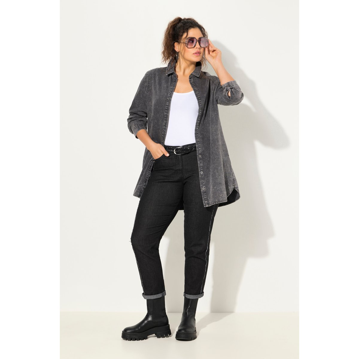 Jean Boyfriend jambe large, bandes en denim noir, ULLA POPKEN