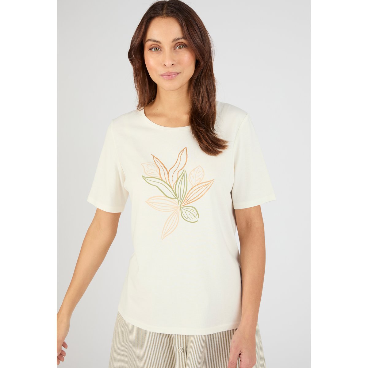 T-shirt maille jersey motif feuillage blanc cassé, DAMART