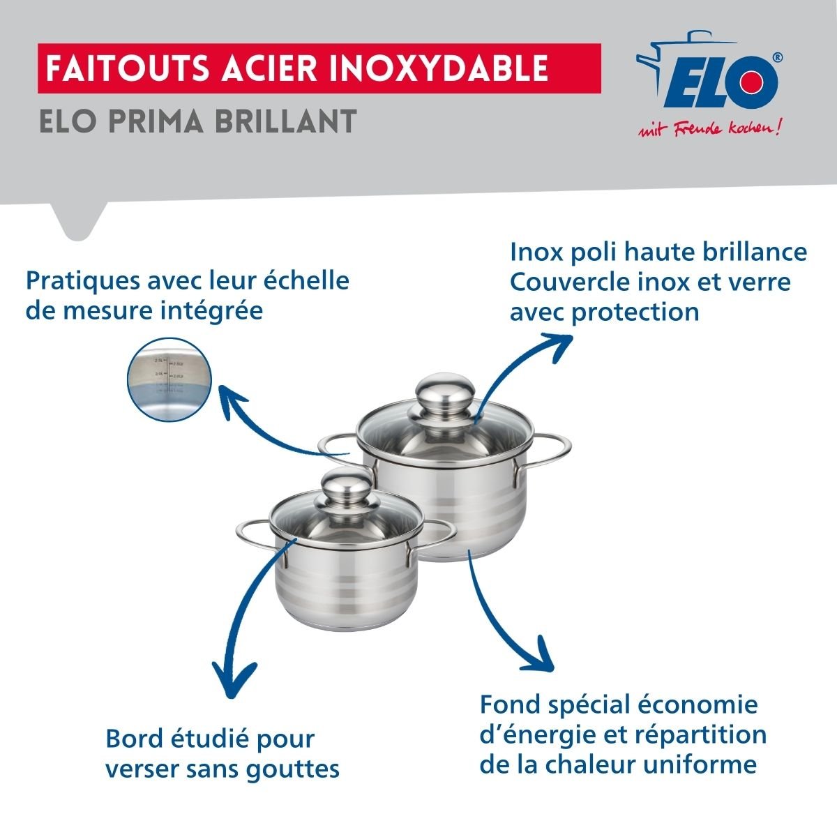 Batterie 2 poêles 24/28cm + 2 faitouts 14/16cm PROFI BRILLANT gris, ELO