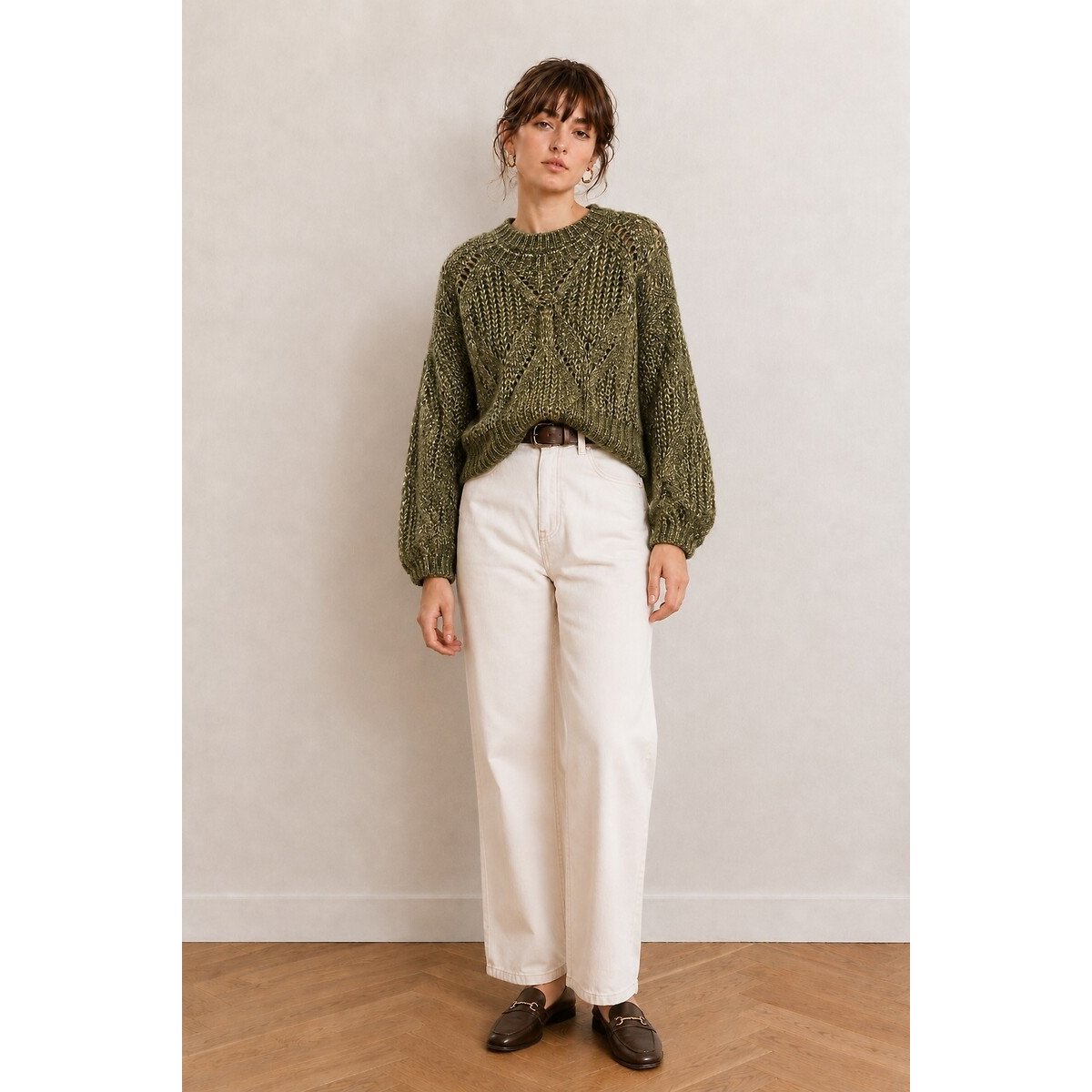 Maglione con motivo a trecce e effetto testurizzato verde kaki, SEE U SOON
