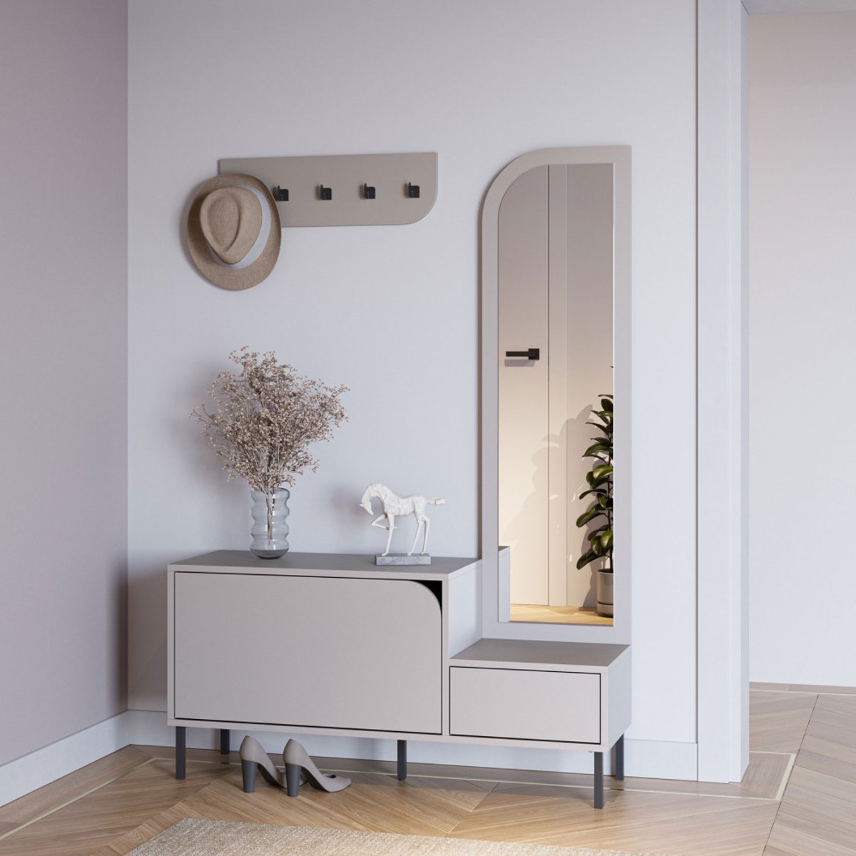 Meuble d'entrée 2 portes avec miroir et portant en bois et métal H172cm- SILVAR beige, DRAWER