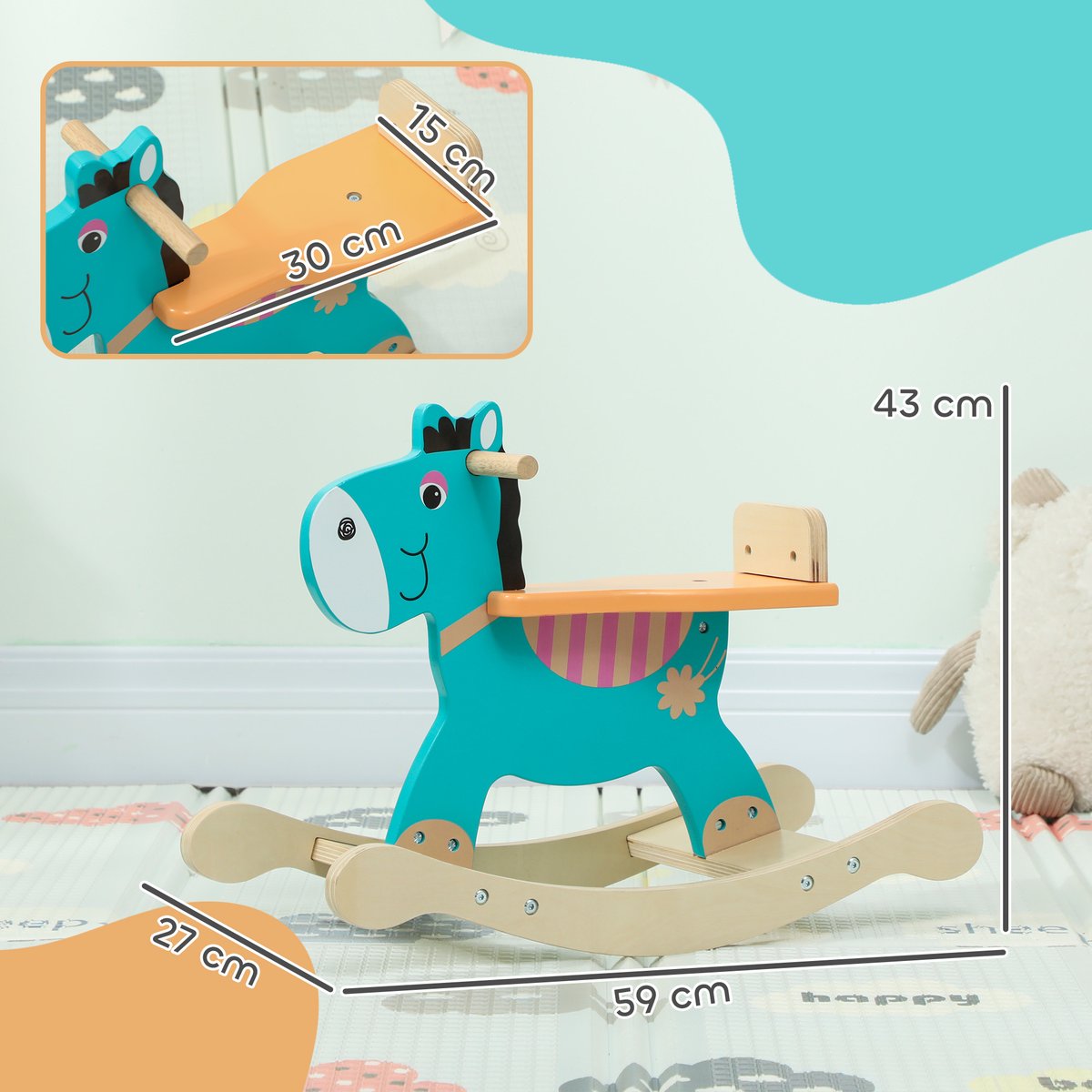 Cheval à bascule pour enfants Contreplaqué vert foncé, orange, bois, AIYAPLAY