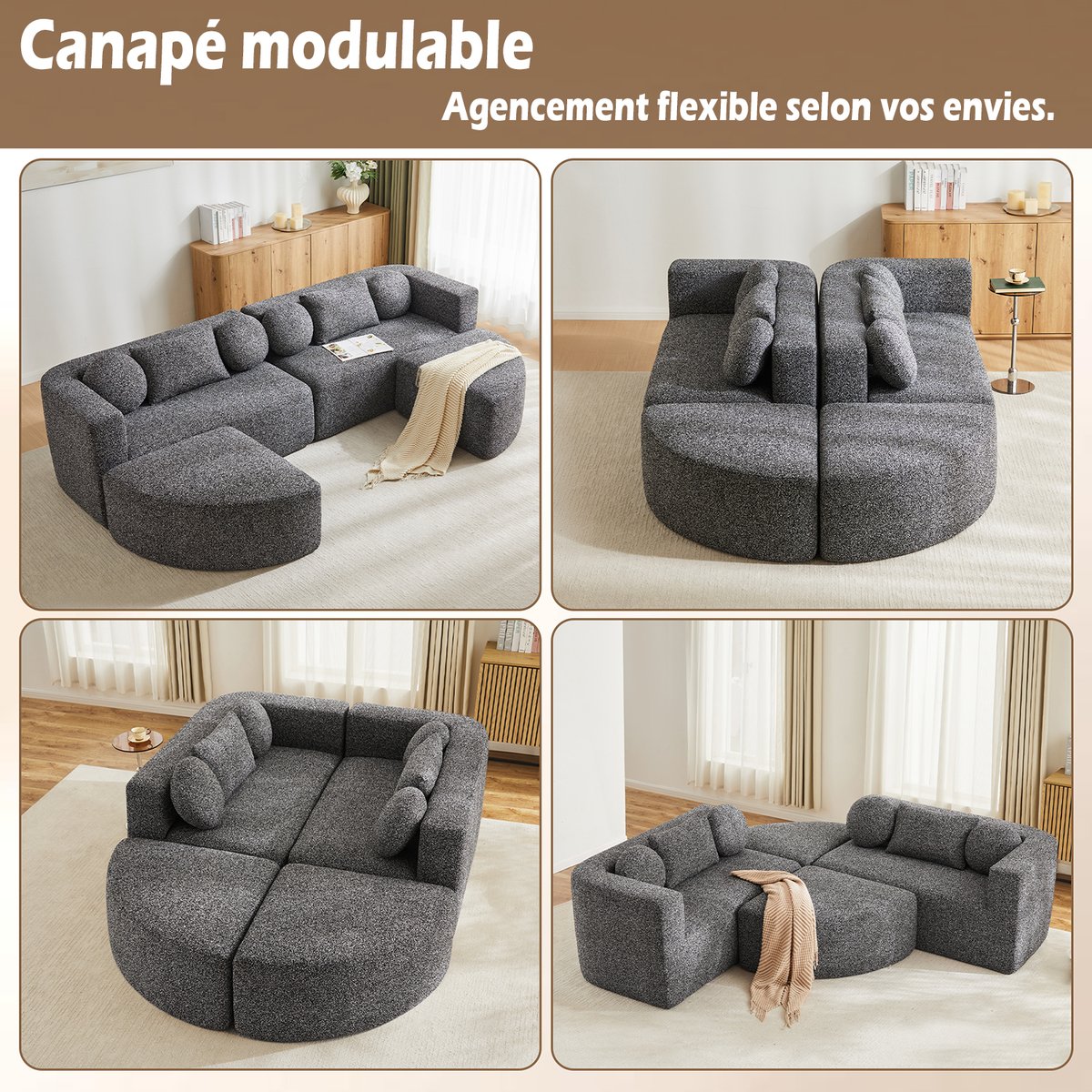 Canapé d'angle modulable convertible en chenille, MODEL1 gris foncé, MEUBLES COSY