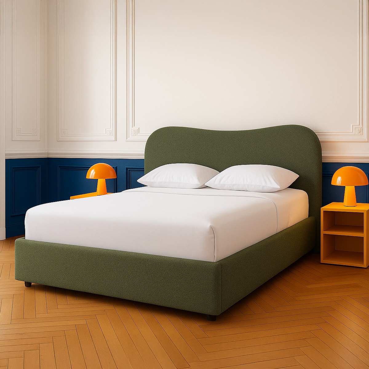 Lit coffre avec tête de lit en tissu bouclé - SUZON tissu bouclé vert, HOMIFAB