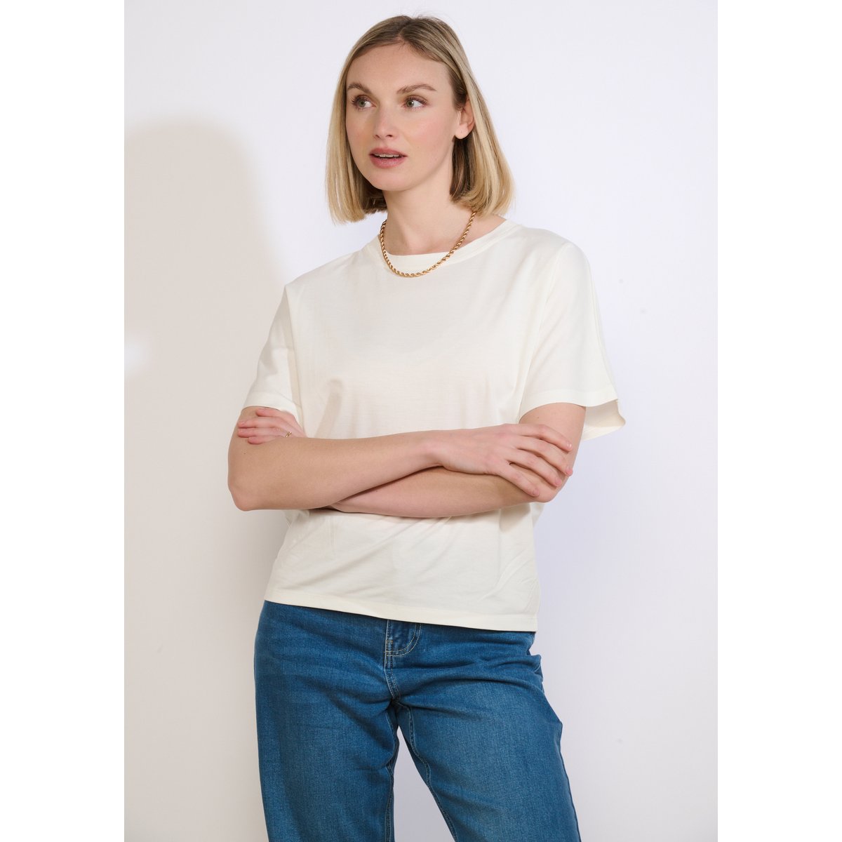 T-shirt fluide manches courtes blanc casse, LOLALIZA