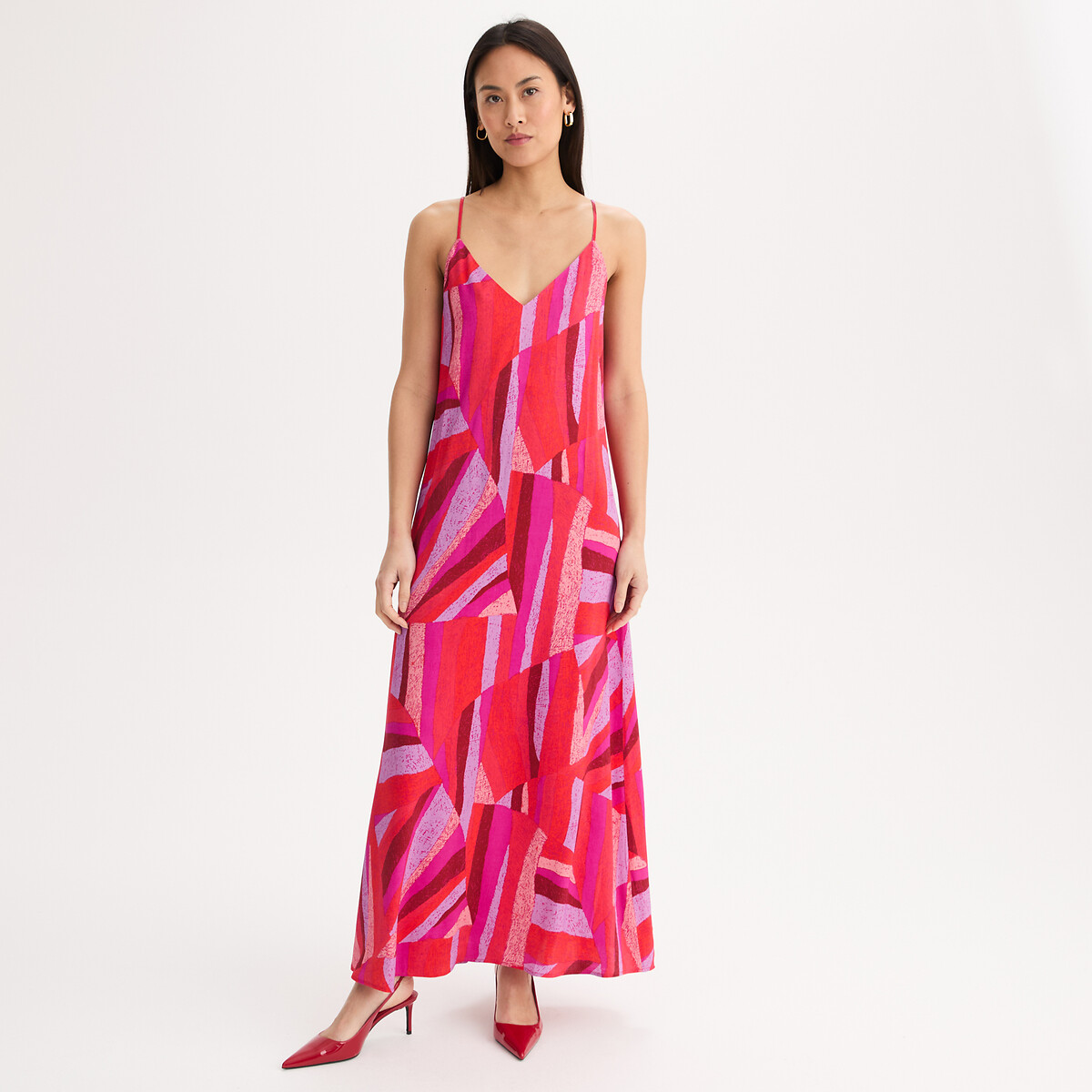 Robe longue à fines bretelles imprimée en viscose imprimé corail, ANNE WEYBURN