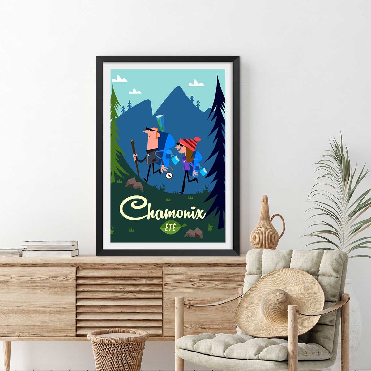 Poster de rando à chamonix affiche + cadre en bois - noir, HEXOA