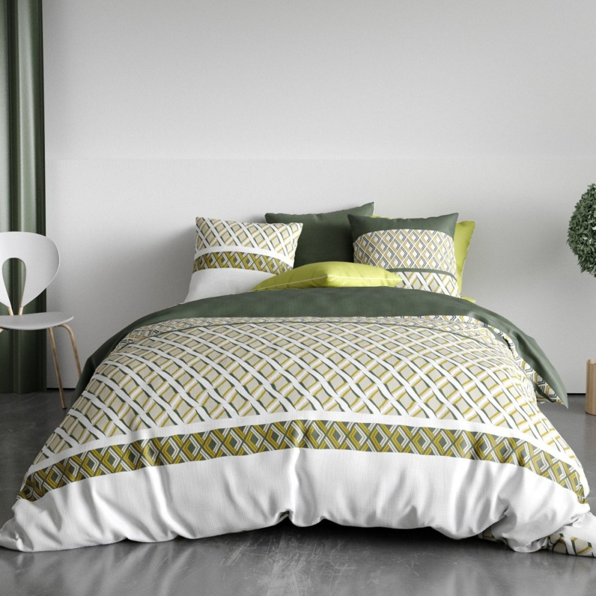 Housse de couette 260x240 NAYAA + 2 taies coton 57 fils vert, DECORATIE