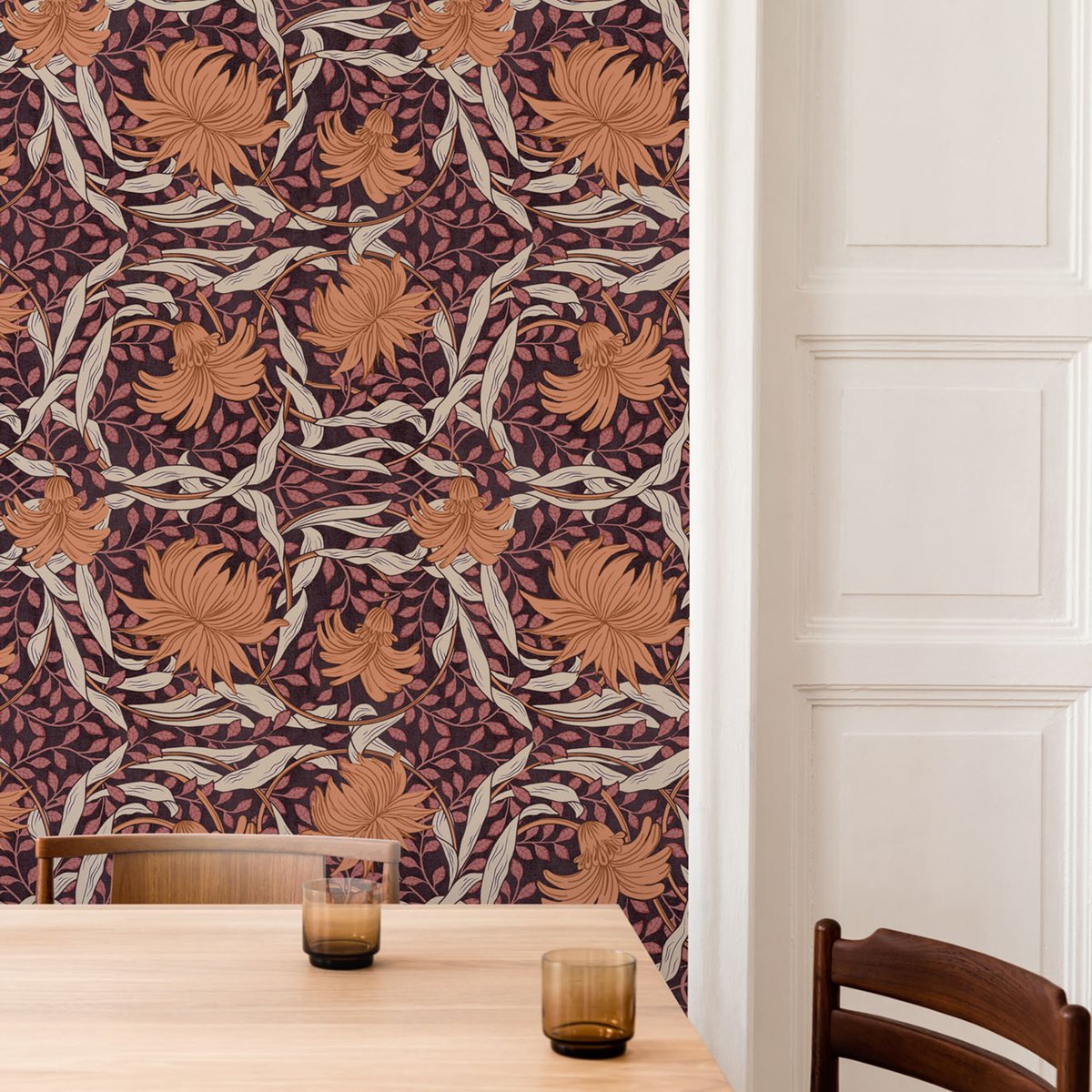 Papier peint Fleurs de Manon Jolie rouge pourpre, orange, SUBLIME