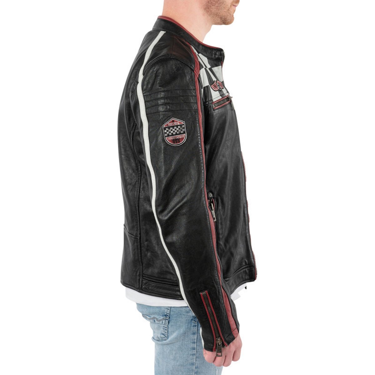 Blouson en cuir de mouton noir uni avec une coupe droite et un col rond noir, GIPSY