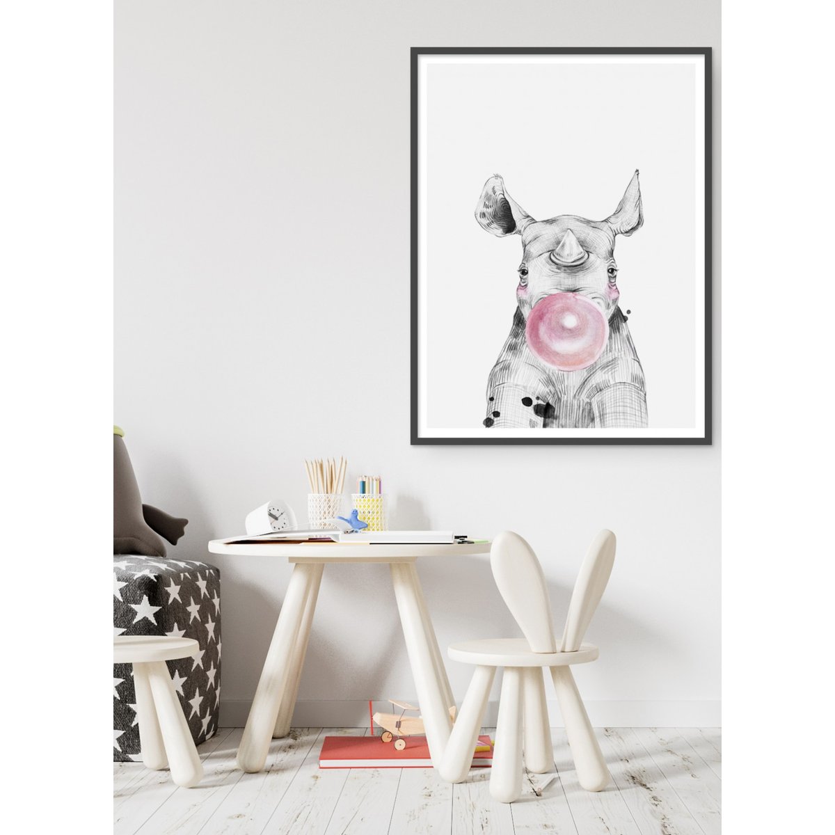 Poster Bulle de Rhinocéros Rose blanc, L'AFFICHERIE