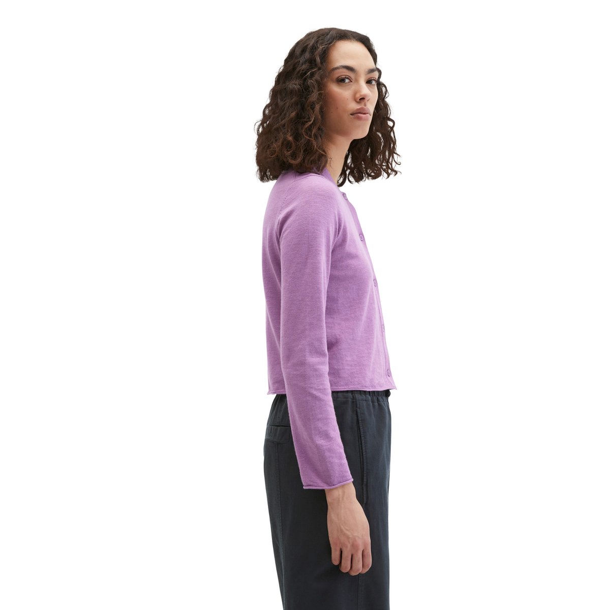 Slub-Cardigan regular en mélange coton organique-lin violet, MARC O'POLO