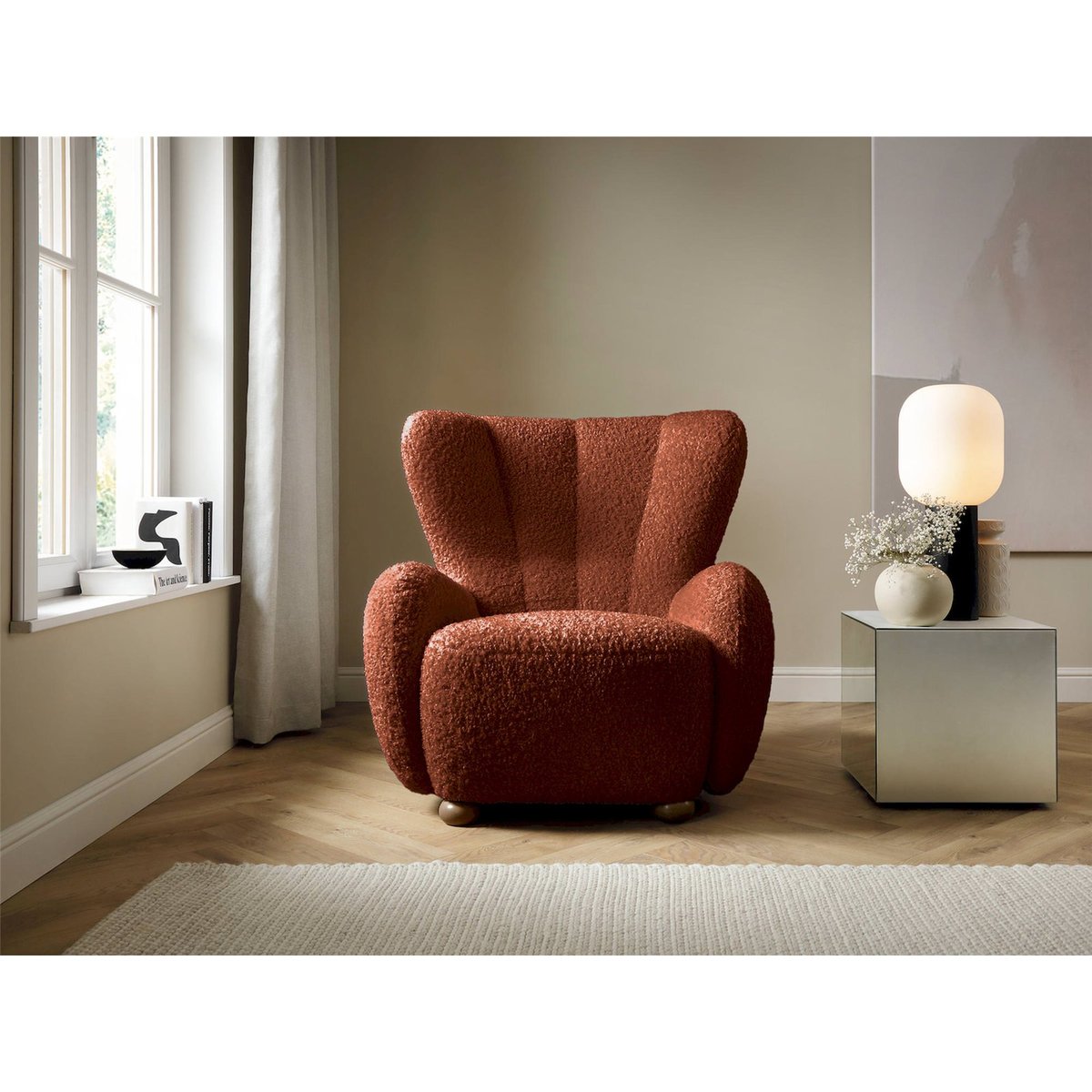 Fauteuil cabriolet enveloppant en bouclette beige chenille, RECOLLECTION